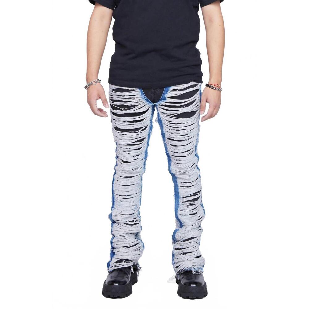 NEW VALABASAS men's ravaged stacked flare jean in black blue